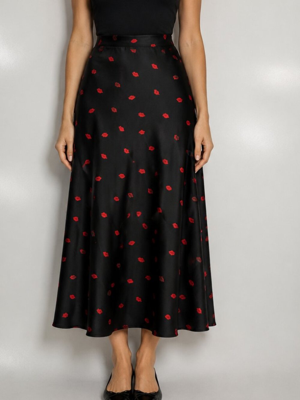 A New Day Black Red Lips Satin Midi A-Line Skirt Size Small